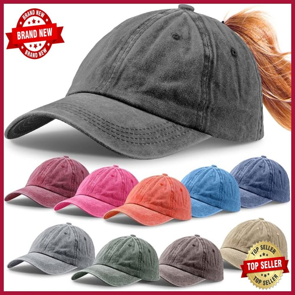 Distressed Baseball Cap with Ponytail Hole, Adjustable Fit, Polyester